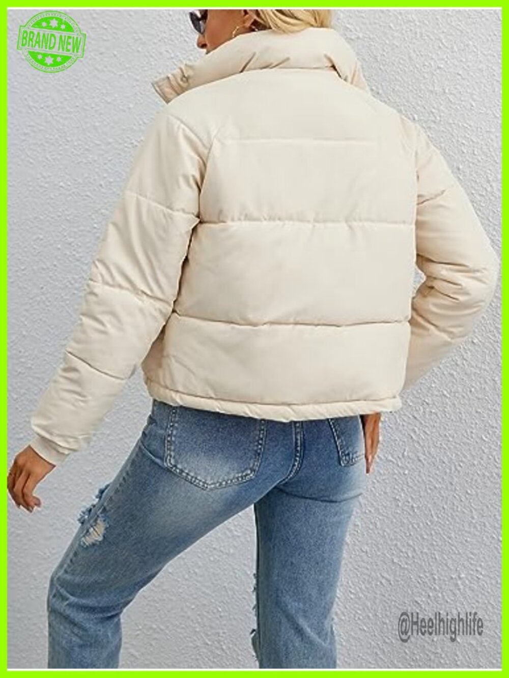 Cropped Puffer Jacket Full Zip Quilted Winter Coat with Pockets - Picture 5 of 7
